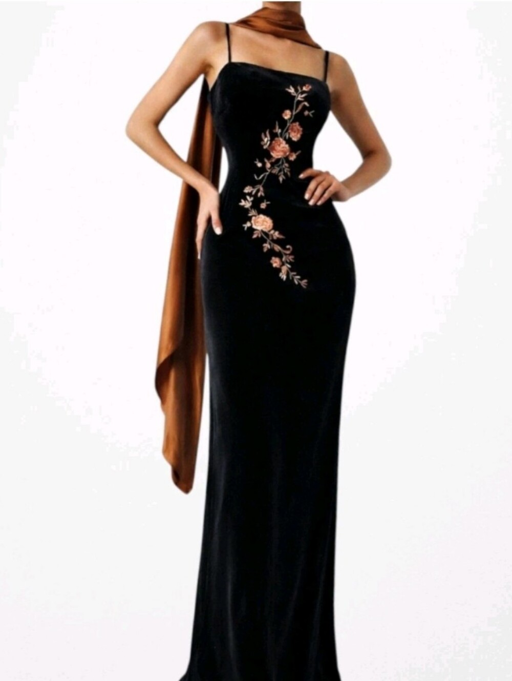 Arianna Rachel Kaye Embroidered Black Velvet Rose Gold Maxi Slip Dress Gown 10